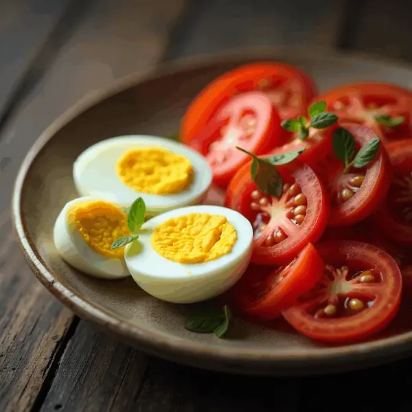 Ouă fierte cu pâine și roșie